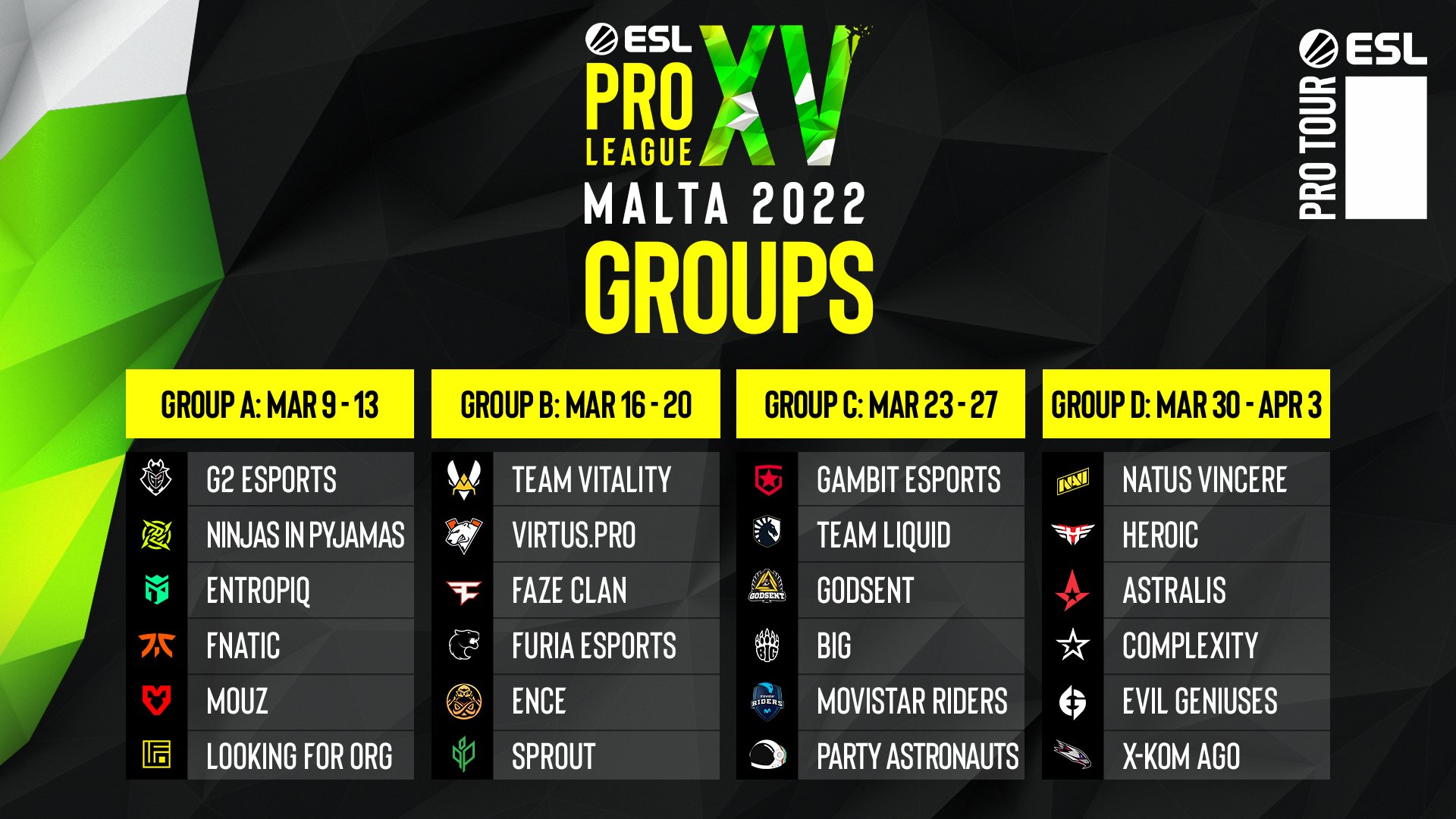 The groups for ESL Pro League Season 15 have been set